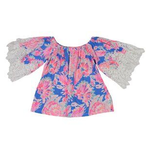 Lilly Pulitzer Womens XS Floral Print Off-Shoulder Top With Lace Bell Sleeves